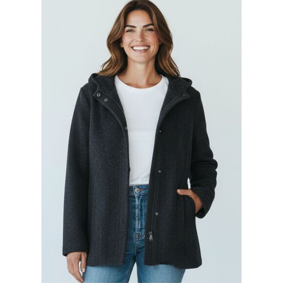 GAP Women’s Coat Size L Charcoal Hooded Recycled Wool Zip-Front Winter Jacket - Picture 1 of 16